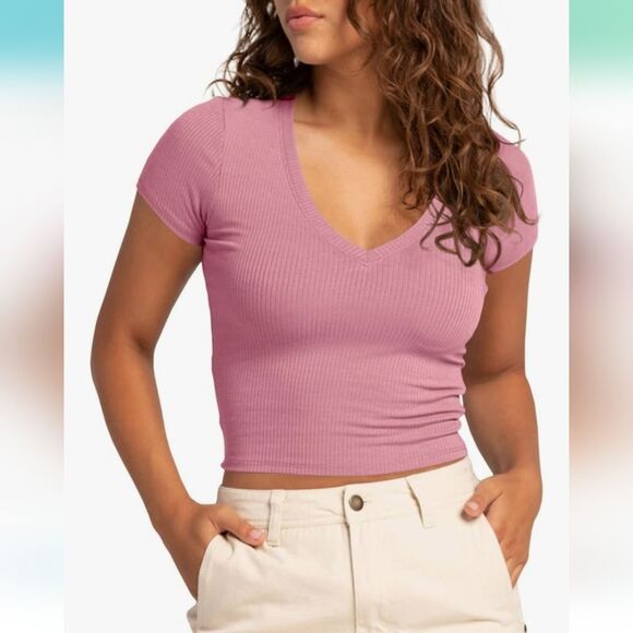 💙3 for $30💙 NWT Crop Top Ribbed V Neck Short Sleeve Tee Slim Fit Y2k - Picture 1 of 4